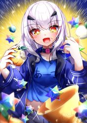 Rule 34 | 1girl, absurdres, apple, arts shirt, black nails, blue jacket, eating, fate/grand order, fate (series), food, food on face, fruit, golden apple, grey hair, highres, holy grail (fate), jacket, long hair, melusine (fate), midriff, r3 type, saint quartz (fate), sparkling eyes, yellow eyes