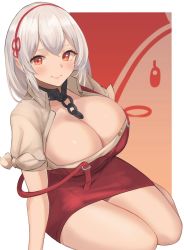 Rule 34 | 1girl, apron, azur lane, belfast (piping-hot perfection) (azur lane), blush, breasts, cleavage, hair between eyes, highres, large breasts, looking at viewer, neckwear between breasts, red apron, red eyes, renzu (lens 02), short hair, sirius (azur lane), smile, solo, thick thighs, thighs, waitress, white hair
