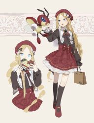 Rule 34 | 1girl, abigail williams (fate), absurdres, alternate costume, bag, beret, black nails, black socks, blonde hair, blue eyes, bow, box, braid, braided ponytail, brooch, collared dress, creatures (company), crossover, dress, fate/grand order, fate (series), full body, game freak, gen 2 pokemon, gift, gift box, hair bow, handbag, hat, heart-shaped box, highres, holding, holding gift, jewelry, kneehighs, kyojo128, ledian, long hair, long sleeves, looking at another, looking at viewer, multicolored nails, multiple views, nail polish, neck ribbon, nintendo, open mouth, pokemon, pokemon (creature), red nails, ribbon, sidelocks, sketch, smile, socks, two-tone dress, valentine, very long hair