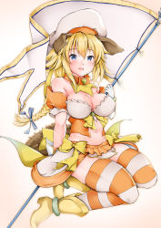 Rule 34 | 1girl, alternate costume, animal ears, blonde hair, blue eyes, blue ribbon, boots, braid, breasts, collar, dog ears, dog tail, fate/apocrypha, fate (series), gloves, hair ribbon, hat, highres, horizontal-striped legwear, jeanne d&#039;arc (april magical) (fate), jeanne d&#039;arc (fate), jeanne d&#039;arc (ruler) (fate), long hair, looking at viewer, magical girl, medium breasts, navel, open mouth, ribbon, sezok, single braid, solo, striped clothes, striped thighhighs, tail, thighhighs, white gloves, white hat