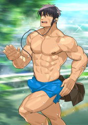 Rule 34 | 1boy, abs, bara, black hair, blue shorts, blurry, blurry background, brown shirt, bulge, clothes around waist, cloud, day, dolphin shorts, erection, erection under clothes, ero condo, exercising, highres, kienbiu, large pectorals, male focus, muscular, muscular male, nipples, official art, open mouth, outdoors, pectorals, scar, scar on arm, shirt, shirt around waist, unworn shirt, short hair, short shorts, shorts, sideburns, sky, solo, sweat, sweatdrop, thighs, topless male, training, wey (ero condo)