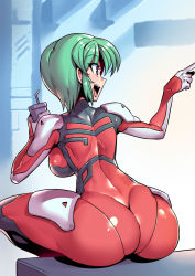 Rule 34 | 1girl, ass, blue eyes, blush, bodysuit, breasts, curvy, from behind, green hair, huge ass, kidou senkan nadesico, large breasts, narrow waist, open mouth, pilot suit, purple eyes, red bodysuit, shiny clothes, short hair, sideboob, sitting, skin tight, smile, solo, subaru ryoko, thick thighs, thighs, tukiwani, wide hips