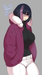 Rule 34 | 1girl, agawa ryou, artist name, black hair, black sweater, blunt bangs, bob cut, breasts, commentary, cowboy shot, dated, denim, english commentary, fur trim, grey background, grey eyes, hands in pockets, hood, hood down, hooded jacket, huge breasts, jacket, jeans, jpeg artifacts, large breasts, looking to the side, multicolored hair, numbered, open mouth, original, pants, pink hair, purple jacket, ribbed sweater, shirt tucked in, short hair, simple background, solo, streaked hair, sweater, tented shirt, turtleneck, white pants