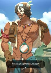 Rule 34 | 1boy, abs, absurdres, bara, bare pectorals, beard, black hair, cowboy shot, cropped jacket, dark-skinned male, dark skin, english text, erection, facial hair, goatee, goggles, goggles on head, hair over eyes, highres, hot, jewelry, large pectorals, leather, male focus, male pubic hair, mature male, multicolored hair, multicolored pubic hair, muscular, muscular male, necklace, nintendo, nipples, pectorals, pubic hair, solo, standing, steaming body, streaked hair, subtitled, sweat, syrop (syr ooo p), tauro (totk), the legend of zelda, the legend of zelda: tears of the kingdom, tied beard, uncensored, undressing, v-taper, very sweaty