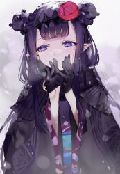 Rule 34 | 1girl, absurdres, black gloves, gloves, highres, hololive, hololive english, japanese text, mile (off8mile), mole, mole under eye, ninomae ina&#039;nis, ninomae ina&#039;nis (new year), purple eyes, purple hair, snow, solo, steam, virtual youtuber
