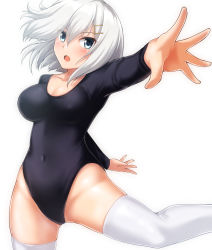 Rule 34 | 1girl, alternate costume, alternate legwear, ballet, black leotard, blue eyes, blush, breasts, cleavage, collarbone, eyes visible through hair, groin, hair between eyes, hair ornament, hairclip, hamakaze (kancolle), highleg, indoors, kantai collection, leotard, lips, long sleeves, looking at viewer, medium breasts, open mouth, reaching, reaching towards viewer, short hair, silver hair, simple background, solo, standing, thighhighs, thighs, upper body, white background, white thighhighs, zanntetu