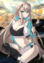 Rule 34 | 1girl, absurdres, aqua eyes, belt, black choker, black gloves, black tank top, blue jacket, blurry, blurry background, braid, breasts, choker, cleavage, collar, collarbone, collared jacket, commentary request, cropped jacket, crown braid, eiyuu densetsu, elaine auclair, eyelashes, fingerless gloves, glint, gloves, highres, jacket, kuro no kiseki, kuro no kiseki ii, large breasts, long hair, midriff, multicolored clothes, multicolored jacket, navel, official alternate costume, open clothes, open jacket, race queen, shorts, sidelocks, sitting, solo, tank top, two-tone jacket, very long hair, white jacket, white shorts, zer00han