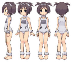 Rule 34 | 1girl, ankle cuffs, black hair, blue eyes, blush, buttons, child, collarbone, full body, game boy, game boy-tan, game boy (original), grey one-piece swimsuit, hair ornament, hairband, handheld game console, looking at viewer, lowres, multiple views, nintendo, one-piece swimsuit, open mouth, personification, product girl, short hair, simple background, standing, swimsuit, thigh gap, thighs, twintails, white background, wrist cuffs