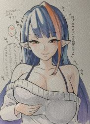 Rule 34 | 1girl, absurdres, blue hair, blush, grabbing another&#039;s breast, breasts, cleavage, cototiworld, eyebrows hidden by hair, grabbing, highres, large breasts, looking at viewer, millaarc, multicolored hair, open mouth, pointy ears, red hair, grabbing own breast, senki zesshou symphogear, smile, solo, sweater, translation request, yellow eyes