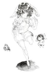 Rule 34 | 1girl, animal ears, black hair, blush, carrot, carrot necklace, chibi, colored pencil (medium), dual persona, fang, full body, graphite (medium), greyscale, highres, inaba tewi, jewelry, looking at viewer, mary janes, md5 mismatch, monochrome, necklace, open mouth, oshake, pendant, puffy sleeves, rabbit ears, resized, shirt, shoes, short hair, short sleeves, simple background, skirt, smile, solo, touhou, traditional media, v, white background