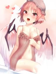 Rule 34 | 1girl, :d, alternate costume, animal ears, arm at side, ayagi daifuku, babydoll, bare arms, bare shoulders, bird wings, blush, bottomless, breasts, cleavage, commentary request, convenient leg, frills, hat, heart, leg up, looking at viewer, medium breasts, mystia lorelei, navel, open mouth, parted bangs, pink hair, pink hat, pink wings, red hair, see-through, shiny skin, short hair, smile, solo, stomach, sweat, touhou, wings