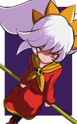 Rule 34 | 1girl, alternate hair color, angry, arms at sides, ashley (warioware), big hair, black pantyhose, border, broom, broom riding, closed mouth, collarbone, dress, female focus, hairband, half-closed eyes, highres, legs together, long hair, long sleeves, looking at viewer, neckwear request, nintendo, orange hairband, orange neckwear, outside border, pantyhose, purple background, red dress, red eyes, red footwear, shaded face, sidelocks, sitting, skull, solo, twintails, warioware, white border, white hair, witch