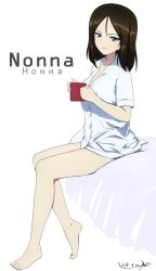 Rule 34 | 1girl, barefoot, black hair, blouse, blue eyes, blush, breasts, bukkuri, character name, collarbone, cup, cyrillic, dated, girls und panzer, half-closed eyes, large breasts, looking at viewer, no pants, nonna (girls und panzer), open mouth, shirt, simple background, sitting, smile, solo, swept bangs, white background, white shirt