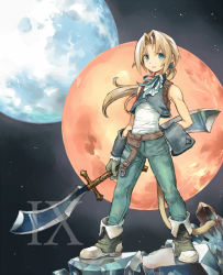 Rule 34 | 1boy, aqua eyes, bare shoulders, belt, blonde hair, blue vest, boots, crystal, final fantasy, final fantasy ix, frilled shirt collar, frills, full body, full moon, gloves, green pants, hand on own hip, holding, holding weapon, long hair, looking at viewer, low ponytail, male focus, mare (pixiv), monkey tail, moon, neck ribbon, night, night sky, outdoors, pants, parted bangs, ribbon, saber (weapon), shirt, sky, sleeveless, sleeveless shirt, solo, standing, star (sky), starry sky, sword, tail, vest, weapon, white shirt, zidane tribal