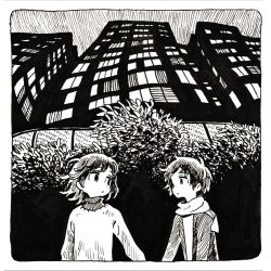 Rule 34 | 1boy, 1girl, building, bush, closed mouth, commentary request, eye contact, greyscale, jacket, long sleeves, looking at another, monochrome, muji (uimss), night, original, outdoors, scarf, shirt, short hair, upper body