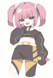 Rule 34 | 1girl, :d, belt, belt buckle, black eyes, black shirt, black skirt, buckle, commentary request, creatures (company), crop top, cropped legs, crossed bandaids, fang, game freak, half-closed eyes, highres, long sleeves, looking at viewer, mesugaki, midriff, ni kiro, nintendo, open mouth, pink hair, pokemon, pokemon (anime), pokemon horizons, puffy long sleeves, puffy sleeves, coral (pokemon), shirt, sidelocks, simple background, skirt, sleeves past fingers, sleeves past wrists, smile, solo, twintails, white background
