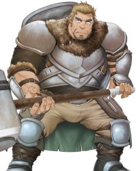 Rule 34 | 1boy, another eidos-r, armor, bara, breastplate, brown hair, brown pants, brut (another eidos), bulge, facial hair, feet out of frame, fur-trimmed jacket, fur trim, goatee, hair slicked back, hammer, holding, holding hammer, jacket, leaning forward, leather, long sideburns, looking at viewer, male focus, mature male, mizuki gai, muscular, muscular male, official art, pants, pauldrons, shield, short hair, shoulder armor, sideburns, solo, thick eyebrows, thick thighs, thighs, transparent background, vambraces, weapon, weapon on back