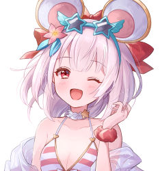 Rule 34 | 1girl, ;d, animal ears, bad id, bad pixiv id, bare shoulders, bikini, blush, bow, breasts, choker, cleavage, collarbone, eyebrows, fake animal ears, flower, frilled choker, frills, gamagamaland, granblue fantasy, hair bow, hair flower, hair ornament, hair ribbon, highres, looking at viewer, medium breasts, mouse ears, one eye closed, open mouth, red eyes, ribbon, short hair, silver hair, smile, solo, star-shaped eyewear, star (symbol), swimsuit, vikala (blooming summer wallflower) (granblue fantasy), vikala (granblue fantasy)