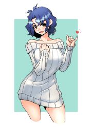 Rule 34 | 1girl, bad id, bad pixiv id, bare shoulders, blue hair, blush, brown eyes, cowboy shot, hands up, heart, idolmaster, idolmaster million live!, off-shoulder sweater, off shoulder, open mouth, pinky out, ribbed sweater, royal tea, short hair, smile, solo, sweater, toyokawa fuka, white sweater