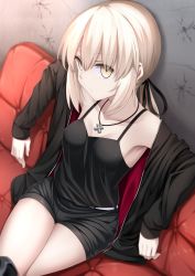 Rule 34 | 1girl, absurdres, artoria pendragon (all), artoria pendragon (fate), belt, black camisole, black jacket, black ribbon, black shorts, blonde hair, boots, breasts, camisole, cross, cross necklace, fate/grand order, fate (series), highres, hino (2nd life), jacket, saber alter (ver. shinjuku 1999) (fate), jewelry, knee boots, low ponytail, necklace, official alternate costume, ribbon, royal brand, saber alter, short shorts, shorts, sitting, small breasts, solo, white belt, yellow eyes