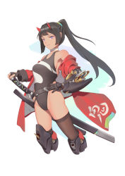 Rule 34 | 1girl, bigrbear, black gloves, black hair, black one-piece swimsuit, black thighhighs, blue eyes, chinese commentary, closed mouth, commentary request, fingerless gloves, gloves, green scrunchie, highres, horns, katana, long hair, mechanical arms, mechanical legs, one-piece swimsuit, original, ponytail, scrunchie, simple background, single horn, single thighhigh, solo, swimsuit, sword, thighhighs, weapon, white background