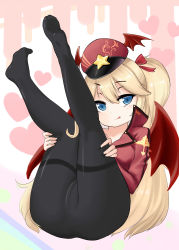 Rule 34 | 1girl, :q, absurdres, ass, bad id, bad pixiv id, black pantyhose, blonde hair, blue eyes, blush, bow, cameltoe, cleft of venus, closed mouth, collared jacket, demon wings, dorsiflexion, full body, girls&#039; frontline, hair between eyes, hair bow, hat, head tilt, heart, heart background, highres, jacket, long hair, looking at viewer, no pants, no shoes, note2000, pantyhose, peaked cap, red bow, red hat, red jacket, red wings, smile, solo, star (symbol), super-shorty (girls&#039; frontline), thighband pantyhose, tongue, tongue out, two side up, very long hair, white background, wings