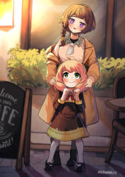 Rule 34 | 2girls, absurdres, ahoge, akaharuu, ankle boots, anya (spy x family), anya melfissa, anya melfissa (casual), black footwear, blouse, blush, boots, braid, brown coat, brown hair, brown shirt, cafe, chair, coat, crossover, green eyes, height difference, highres, hololive, hololive indonesia, holoro, long sleeves, looking up, mary janes, multiple girls, name connection, official alternate costume, open clothes, open coat, pink hair, pink shirt, purple eyes, sandwich board, shadow, shirt, shoes, short hair, side braid, smile, spy x family, table, thighhighs, two-tone dress, virtual youtuber