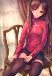 Rule 34 | 1girl, adjusting clothes, adjusting legwear, black hair, black thighhighs, blue eyes, chair, fate/stay night, fate (series), highres, jay xu, md5 mismatch, sitting, skirt, solo, thighhighs, tohsaka rin, twintails, two side up, zettai ryouiki