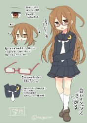 Rule 34 | 10s, 1girl, :o, arrow (symbol), black serafuku, black shirt, brown eyes, brown hair, crescent, crescent pin, glasses, green background, hair between eyes, how to, kantai collection, kneehighs, loafers, long hair, long sleeves, looking at viewer, mochizuki (kancolle), multiple views, nagasioo, necktie, open mouth, red-framed eyewear, school uniform, semi-rimless eyewear, serafuku, shirt, shoes, simple background, socks, standing, text focus, translation request, triangle mouth, twitter username, under-rim eyewear, white necktie, white socks