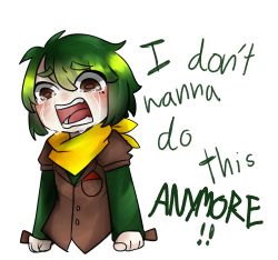 Rule 34 | 1girl, brown eyes, clenched hands, crying, crying with eyes open, don&#039;t hug me i&#039;m scared, duck (dhmis), english text, genderswap, genderswap (mtf), green hair, highres, personification, duck (dhmis), solo, tears, text focus, transparent background