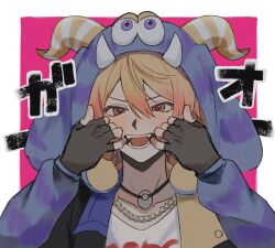 Rule 34 | 1boy, black gloves, blonde hair, blush, chain, chain necklace, commentary request, fake horns, fingerless gloves, gesture request, gloves, gradient hair, hair between eyes, hands up, hibiku twilight parade (project sekai), highres, horns, jewelry, long sleeves, looking at viewer, male focus, multicolored clothes, multicolored hair, multicolored headwear, necklace, official alternate costume, open mouth, orange eyes, orange hair, project sekai, purple eyes, short hair, solo, sorase (so17p), teeth, tenma tsukasa, upper body