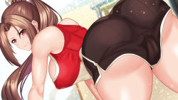 Rule 34 | 1girl, absurdres, ass, bare shoulders, blush, breasts, brown shorts, closed mouth, from behind, hair ornament, highres, large breasts, long hair, looking at viewer, looking back, nez-box, ponytail, red eyes, shiranui mai, short shorts, shorts, sleeveless, smile, solo, the king of fighters, thighs