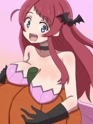 Rule 34 | 1girl, bare shoulders, bat hair ornament, between breasts, blue eyes, blush, breast rest, breasts, choker, cleavage, costume, gloves, gradient background, hair ornament, halloween, halloween costume, highres, large breasts, long hair, looking at viewer, minamoto sakura, open mouth, pumpkin, red hair, simple background, smile, solo, tekisui, zombie, zombie land saga
