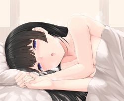 Rule 34 | 1girl, absurdres, bed, bed sheet, black hair, blue eyes, blush, breasts, cleavage, collarbone, dated, highres, indoors, long hair, looking at viewer, lying, medium breasts, naked sheet, nijisanji, nude, on bed, on pillow, on side, open mouth, pillow, pov across bed, signature, solo, sweat, temari rin, tsukino mito, under covers, upper body, virtual youtuber