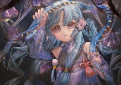 Rule 34 | 1girl, anafei, bare shoulders, bell, blue dress, blue hair, blue shawl, braid, breasts, closed mouth, clothing cutout, commentary, dress, english commentary, flower, hair flower, hair ornament, hand up, highres, holding shawl, long hair, long sleeves, looking at viewer, original, parted bangs, pink eyes, pink flower, see-through shawl, shawl, shoulder cutout, side braid, small breasts, solo, tassel, very long hair, wide sleeves