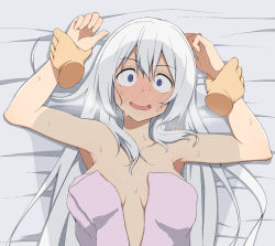 Rule 34 | 1girl, armpits, arms up, blush, breasts, breasts apart, constricted pupils, embarrassed, long hair, looking at viewer, lying, medium breasts, naked towel, on back, original, purple towel, restrained, salpin, solo focus, sweat, towel, upper body, wavy mouth, wet, white hair