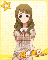 Rule 34 | 10s, 1girl, artist request, brown eyes, brown hair, casual, character name, idolmaster, idolmaster million live!, long hair, miyao miya, official art, solo, yellow background