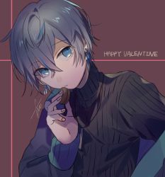Rule 34 | 1boy, black jacket, black sweater, blue eyes, chocolate, commentary, danganronpa (series), danganronpa v3: killing harmony, earrings, food, hand up, happy valentine, highres, holding, holding food, huyuharu0214, jacket, jewelry, looking at viewer, male focus, parted lips, purple background, ribbed sweater, saihara shuichi, short hair, signature, solo, striped clothes, striped sweater, sweater, symbol-only commentary, turtleneck, valentine