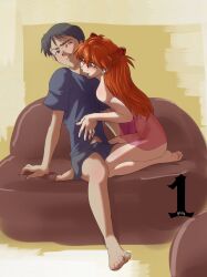 Rule 34 | 1boy, 1girl, amondetauro, arm behind head, armpits, ass, bare legs, barefoot, between legs, biting, blue eyes, breasts, bulge, couple, erection, erection under clothes, full body, hair ornament, hetero, highres, ikari shinji, imminent penetration, interface headset, long hair, looking at another, moaning, naughty face, navel, neck biting, neon genesis evangelion, nipples, no bra, no panties, nude, open mouth, orange hair, saliva, saliva trail, shiny skin, short hair, shorts, sitting, small breasts, smile, souryuu asuka langley, teeth, thighs, two side up