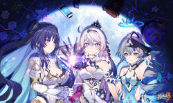 3girls :o abby_riddle absurdres arm_up armpit_crease armpits bare_shoulders black_gloves black_hairband blue_dress blue_eyes blue_hair blue_pupils blue_ribbon blush breasts bronya_zaychik bronya_zaychik_(herrscher_of_truth) chinese_commentary cleavage closed_mouth clothing_cutout colored_inner_hair commentary_request detached_sleeves dress gauntlets gloves grey_eyes grey_hair hair_between_eyes hair_ornament hair_ribbon hairband halo highres honkai_(series) honkai_impact_3rd kiana_kaslana kiana_kaslana_(herrscher_of_finality) large_breasts logo long_hair looking_at_another looking_at_viewer medium_breasts multicolored_hair multiple_girls o-ring_dress outstretched_arms pink_pupils purple_eyes purple_hair raiden_mei raiden_mei_(herrscher_of_origin) reaching ribbon short_sleeves side_cutout sidelocks smile upper_body very_long_hair white_dress white_hair white_sleeves