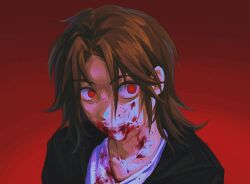 Rule 34 | 1boy, black jacket, blood, blood on clothes, blood on face, blood on mouth, blood on neck, brown hair, chinese commentary, closed mouth, commentary request, jacket, male focus, medium hair, open clothes, open jacket, parted bangs, portrait, red background, red eyes, saibou shinkyoku, shinano eiji, shirt, simple background, solo, uxu (joker738), white shirt
