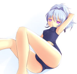 Rule 34 | 00s, 1girl, armpits, blue hair, breasts, darker than black, covered erect nipples, kuro (be ok), one-piece swimsuit, purple eyes, school swimsuit, small breasts, solo, swimsuit, yin (darker than black)