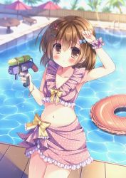 Rule 34 | 1girl, arm up, blush, bracelet, breasts, brown eyes, brown hair, cleavage, collarbone, foot out of frame, hair between eyes, hair ornament, hairclip, highres, jewelry, kouta., midriff, navel, original, outdoors, pool, scrunchie, short hair, small breasts, solo, sunlight, swimsuit, swimsuit skirt, thighhighs, water, water gun, wrist scrunchie