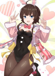 Rule 34 | 1girl, :d, ahoge, animal ears, black leotard, blue eyes, bow, bowtie, breasts, brown hair, brown pantyhose, cameltoe, counter:side, covered navel, detached collar, double v, fake animal ears, fur trim, hairband, hands up, highleg, highleg leotard, jacket, jageungansik, leotard, long hair, long sleeves, looking at viewer, official alternate costume, open clothes, open jacket, open mouth, pantyhose, pink jacket, playboy bunny, rabbit ears, shoes, small breasts, smile, solo, strapless, strapless leotard, v, v-shaped eyebrows, yang harim, yellow bow