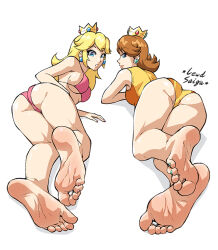 Rule 34 | 2girls, aqua nails, artist name, ass, barefoot, bikini, blonde hair, blue eyes, breasts, brown hair, commentary, commission, crown, earrings, english commentary, feet, foot focus, foreshortening, from behind, full body, jewelry, legs, lewdsaiga, lips, long hair, looking at viewer, looking back, lying, mario &amp; sonic at the london 2012 olympic games, mario &amp; sonic at the olympic games, mario (series), medium breasts, medium hair, multiple girls, nail polish, nintendo, on stomach, one-piece swimsuit, orange one-piece swimsuit, partially visible vulva, pink bikini, pink nails, princess daisy, princess peach, shadow, sideboob, simple background, soles, sphere earrings, swimsuit, thighs, toe ring, toenail polish, toenails, toes, underboob, white background