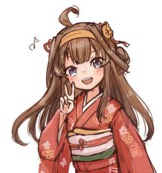 Rule 34 | 1girl, ahoge, brown hair, commentary request, double bun, eighth note, floral print, grey eyes, hairband, japanese clothes, kantai collection, kimono, kongou (kancolle), long hair, musical note, open mouth, red kimono, simple background, smile, solo, teeth, upper body, upper teeth only, v, white background, wss (nicoseiga19993411), aged down