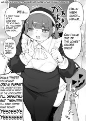 Rule 34 | !, !!, ..., 1girl, absurdres, alternate language, blunt bangs, blush, breasts, clenched hand, commentary request, cross, dot nose, earrings, english text, feet out of frame, fusa (starless2323), greyscale, half-closed eyes, highres, jack-o&#039;-lantern, jewelry, latin cross, long sleeves, looking to the side, medium breasts, monochrome, open hand, open mouth, original, outline, plump, screentones, solo, speech bubble, spoken ellipsis, spoken exclamation mark, standing, sweat, thick thighs, thighhighs, thighs, white outline, wing collar