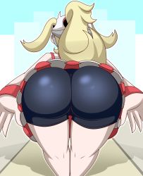 Rule 34 | 1girl, absurdres, ass, bare shoulders, bike shorts, blonde hair, cleft of venus, creatures (company), from behind, game freak, helmet, highres, huge ass, korrina (pokemon), leaning, leaning forward, long hair, luigifan222, nintendo, pokemon, pokemon xy, shiny clothes, shorts, shorts under skirt, solo