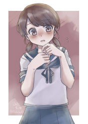 Rule 34 | 1girl, absurdres, asaba shiori, blue sailor collar, blue skirt, blush, brown eyes, brown hair, collared shirt, commentary request, cowboy shot, highres, kantai collection, looking at viewer, low twintails, neckerchief, nose blush, one-hour drawing challenge, parted bangs, pleated skirt, sailor collar, school uniform, serafuku, shirayuki (kancolle), shirt, short hair, short twintails, skirt, solo, twintails
