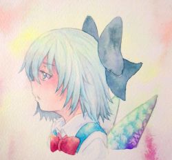 Rule 34 | 1girl, blue eyes, blue hair, bow, cirno, hair bow, ice, ice wings, matching hair/eyes, painting (medium), solo, touhou, traditional media, watercolor (medium), wings, yuyu (00365676)